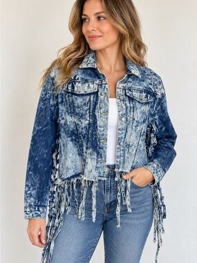 KROIX Acid Wash Denim Fringe Jacket Women’s L Blue Distressed Cutout Festival